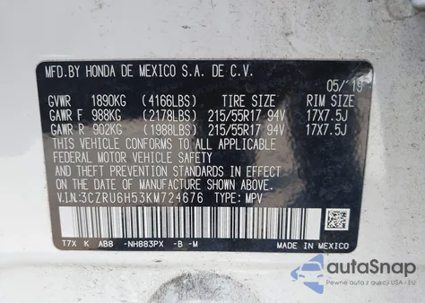 2019 Honda Hr-V Ex z USA, uszkodzony, nr VIN 3CZRU6H53KM724676